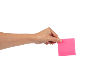 Paper stickers in hand. Hand holding a green sticker. Notes for the message on transparent background.