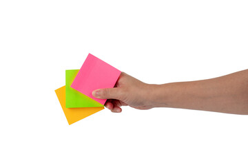 Obraz premium Paper stickers in hand. Hand holding a green sticker. Notes for the message on transparent background.