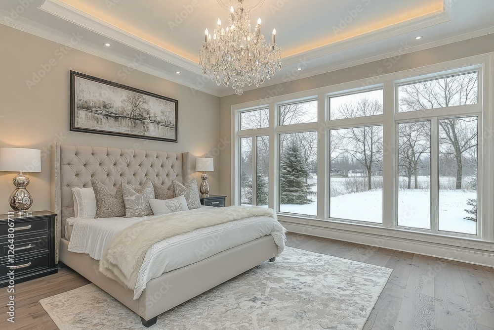 Aufkleber elegant bedroom with snow view and modern design featuring large windows and a chandelier