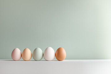 Five beautifully colored eggs, featuring shades of soft pink, green, white, and warm brown, are neatly arranged on a plain light surface. The serene background emphasizes their subtle elegance.