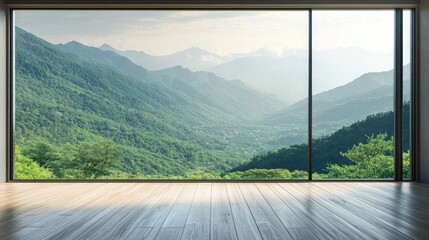 Fototapeta premium A large, open concrete space with tall glass windows overlooking trees and grass. Sunlight shines through the windows