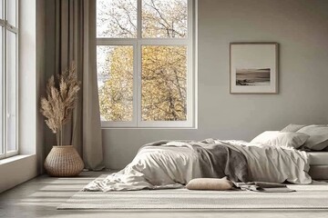 Modern bedroom with natural light and minimalist decor in a serene environment