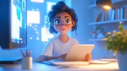 Young Woman Engaging in a Modern Virtual Classroom with Digital Technology