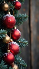 Obraz premium Red and gold baubles on aged wood, snow effect , festive, classic, glitter
