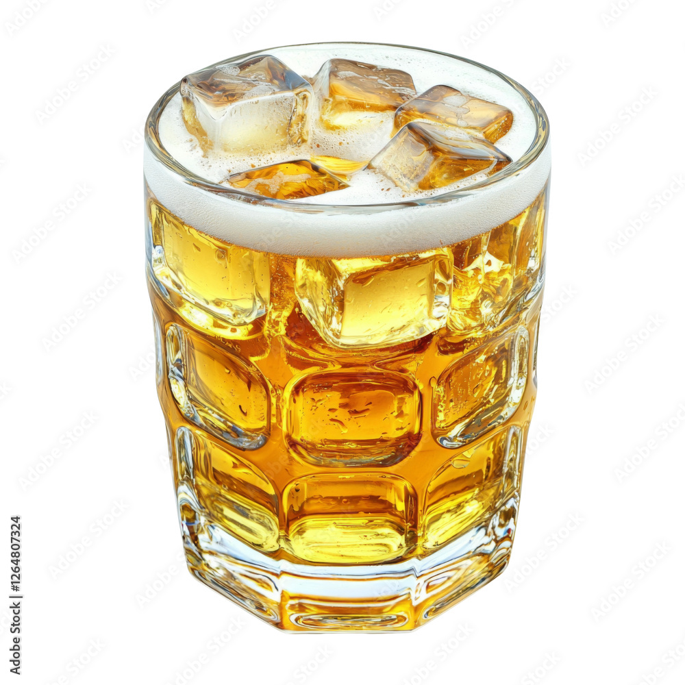 Poster refreshing glass of cold beer with ice cubes, perfect for relaxation. enjoy golden color and frothy 