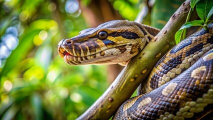 Obraz premium Detailed Close-Up of a Colorful Python Snake in Tropical Setting