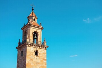 A majestic stone bell tower, detailed architecture against a vibrant blue sky