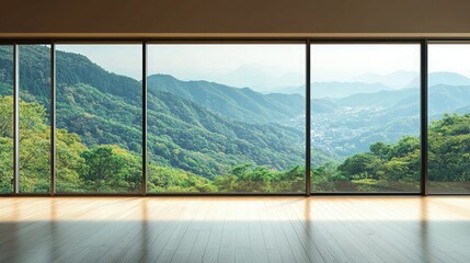 Naklejka premium A large, open concrete space with tall glass windows overlooking trees and grass. Sunlight shines through the windows