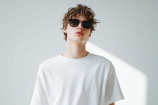 A male fashion model wearing a white oversized t-shirt and sunglasses, in a high-resolution, highly detailed, full-body photo shoot for an editorial in magazine