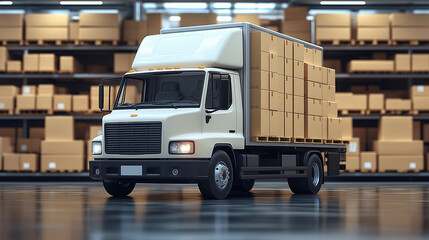 A delivery truck is positioned inside a large warehouse, surrounded by numerous stacked boxes on shelves. The atmosphere suggests a bustling activity, typical of supply logistics