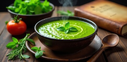 Aromatic Green Vegetable Soup in a Rustic Bowl with Fresh Herbs and Steaming Garnish