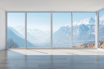 A large, open concrete space with tall glass windows overlooking trees and grass. Sunlight shines through the windows