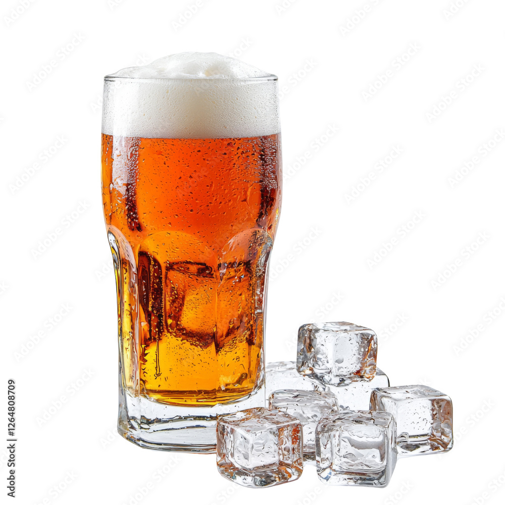 Poster refreshing beer in glass with ice cubes, perfect for summer enjoyment