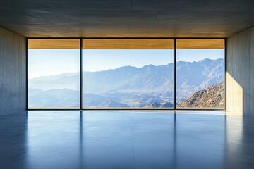 A large, open concrete space with tall glass windows overlooking trees and grass. Sunlight shines through the windows
