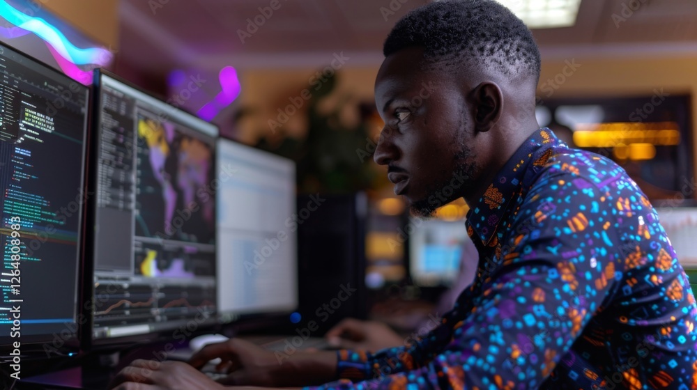 Poster A young man intensely engages with multiple computer screens, analyzing data and writing code in a vibrant office environment during the evening.