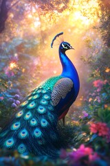 Fototapeta premium Majestic Peacock Displaying Vibrant Feathers in Enchanting Sunlit Garden