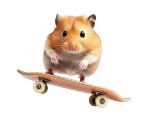 hamster performing tricks on tiny skateboard, showcasing agility and fun. This adorable scene captures playful spirit of pet in action