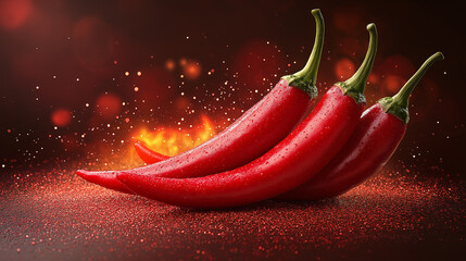 Three fresh red chilies stand prominently, glistening with water droplets. Behind them, flickering sparks and glowing embers create a warm, passionate atmosphere perfect for cooking
