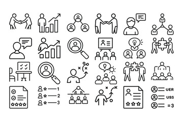 High quality outline vector icons for stakeholder business, representing teamwork, collaboration, corporate structure, leadership, and decision-making. Perfect for business presentations.