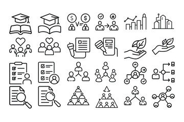 High quality outline vector icons for stakeholder business, representing teamwork, collaboration, corporate structure, leadership, and decision-making. Perfect for business presentations.