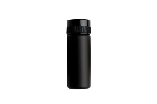Black cylindrical bottle with a black cap against a transparent background. Studio shot