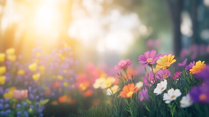 Obraz premium Vibrant Wildflowers Blooming in a Sunlit Meadow Captured in Photorealistic Detail