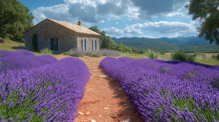 Vibrant lavender blossoms bloom abundantly, lining the path to a quaint stone cottage. A blue sky dotted with fluffy clouds adds to the idyllic summer atmosphere in a serene countryside setting