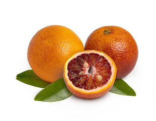 Blood red oranges and leaves isolated with clipping path.