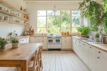 Bright and airy kitchen with wooden table and plants in a sunny home, showcasing a clean and minimalist design