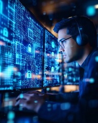 Cybersecurity Professional Analyzing Data on Multiple Monitors in Modern Office