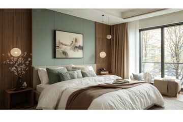 Modern bedroom design featuring a calming color scheme and natural light in a stylish, serene environment