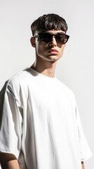 Fototapeta premium A male fashion model wearing a white oversized t-shirt and sunglasses, in a high-resolution, highly detailed, full-body photo shoot for an editorial in magazine