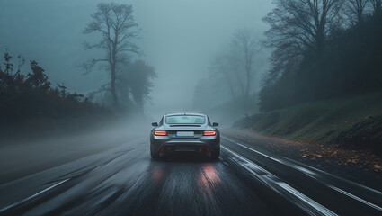 Modern silver car driving on a foggy road at dusk
