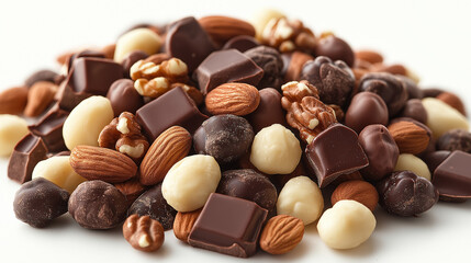 Fototapeta premium A tempting mix of dark, milk, and white chocolate coated nuts and candies is beautifully displayed, inviting enjoyment. Perfect for sharing at gatherings or indulging alone