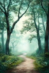 Fototapeta premium Serene Pathway Through a Fog-Covered Forest with Tall Majestic Trees