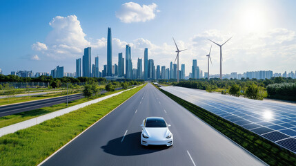 Harnessing renewable energy a futuristic urban landscape modern city visual illustration eco-friendly environment aerial view advancements