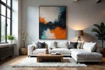Fototapeta premium Modern Living Room Interior Design Featuring a Comfortable Sectional Sofa and Abstract Wall Art