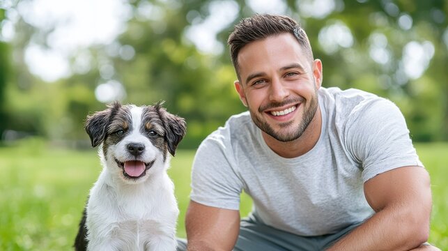 Smiling Dog Trainer Teaching Young Puppy Basic Obedience Commands and Tricks in Outdoor Nature Setting  Positive Reinforcement Training to Build Trust and Companionship