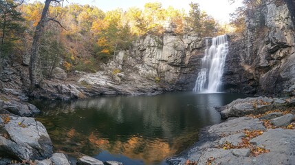 Autumn Waterfall Pool, Fall Foliage, Nature Scene, Calm Waters, Scenic View
