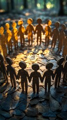 A striking image showcases silhouetted figures holding hands in a circle, emanating warmth from the sunlight filtering through the trees, emphasizing togetherness.