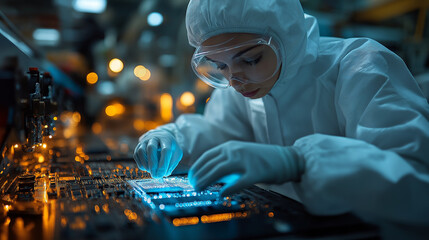 Focused technician in a protective suit examines a circuit board under bright lights in an advanced manufacturing environment, ensuring precision and quality in every detail