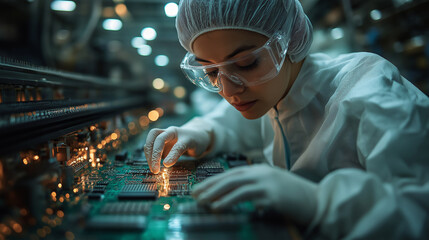 Obraz premium In a high-tech electronics laboratory, a skilled technician in protective gear intently inspects intricate circuit boards, ensuring precise functionality while working under soft, ambient lighting
