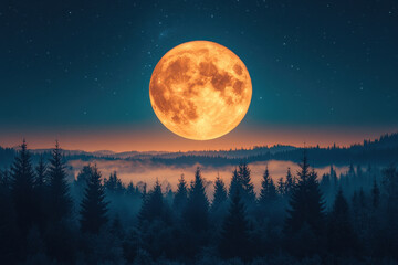 Majestic full moon illuminated over a serene forest landscape during twilight hours