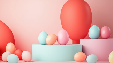 Colorful Pastel Eggs and Shapes on Soft Pink Background Decor