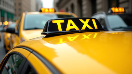 Bright yellow taxis line a busy city street. The cityscape is bustling with life, demonstrating...