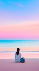 Fototapeta premium Serene Beachside Contemplation Under Pastel Skies with Tranquil Seas