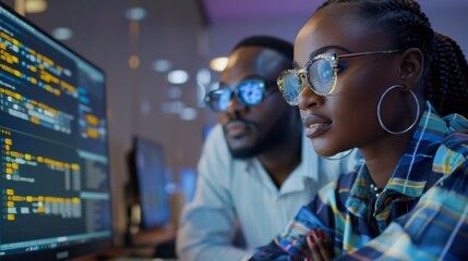 Two professionals focus intently on coding, surrounded by computer screens displaying data in a well lit office. Their teamwork highlights the importance of collaboration in technology.