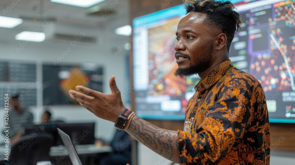 Poster A speaker passionately discusses topics in a contemporary office, interactive screens displaying data and visuals in the background, while the audience attentively listens.