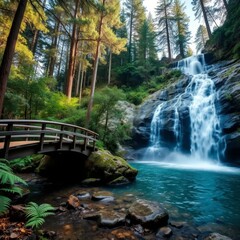 The turquoise waterfall cascading down the rocky cliff