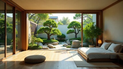 Fototapeta premium Serene Bedroom Sanctuary with Expansive View of Tranquil Zen Garden Featuring Minimalist Decor and Natural Light